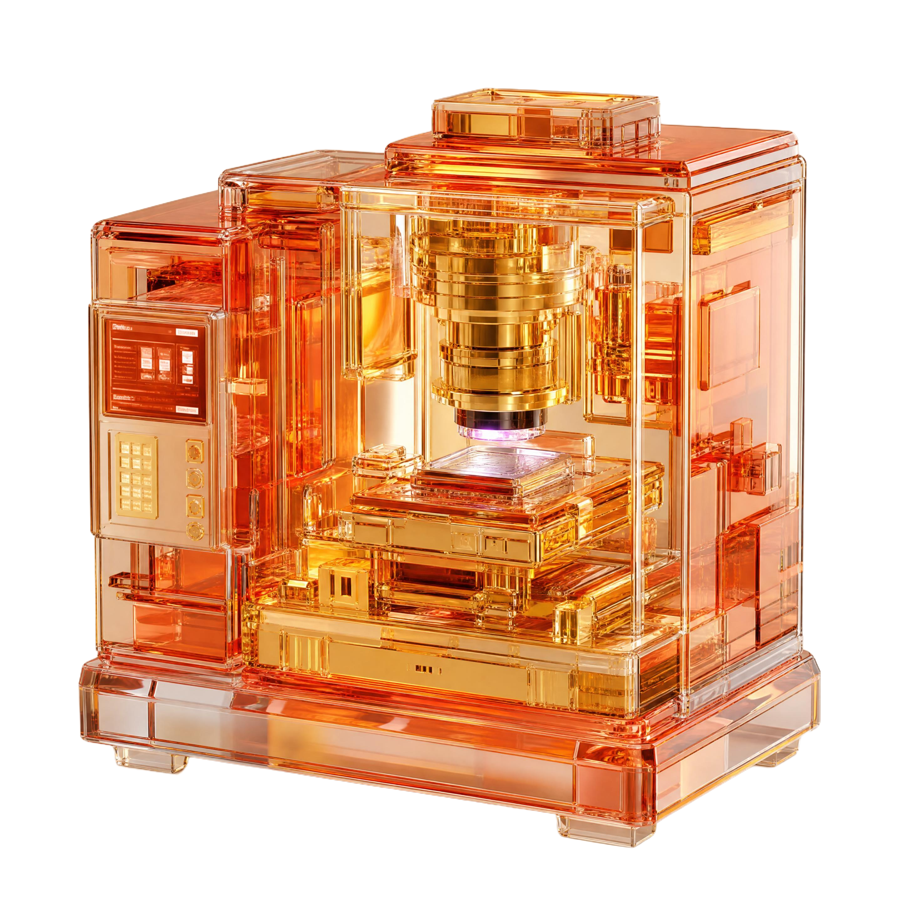 3D水晶潮玩摆件，半导体光刻机设备造型，通透橙红水晶机身，局部… - 图片创意预览