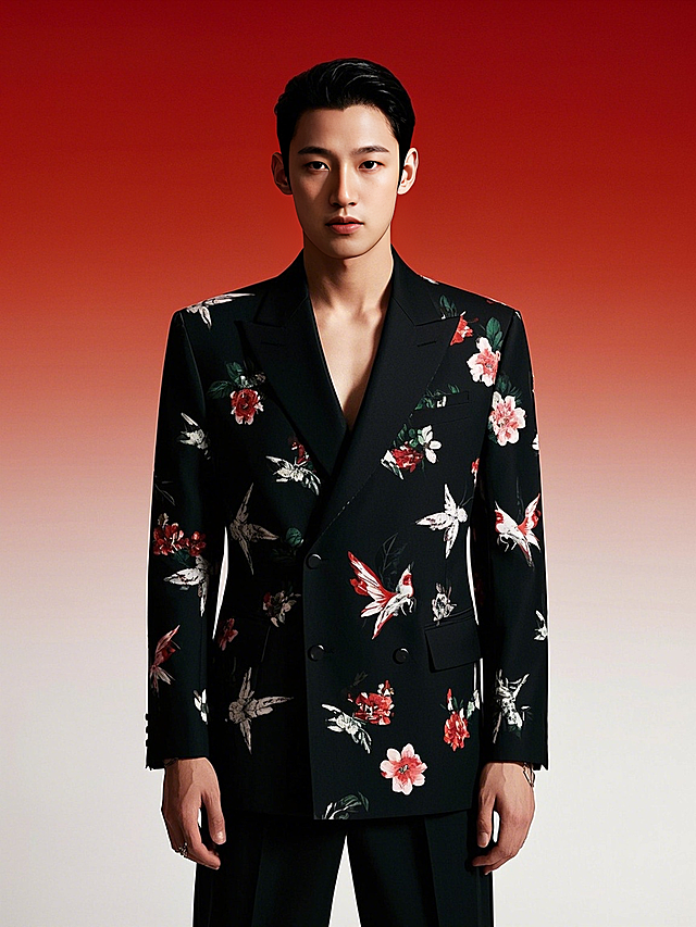 一个男生，花鸟图案黑色西服，红白渐变背景