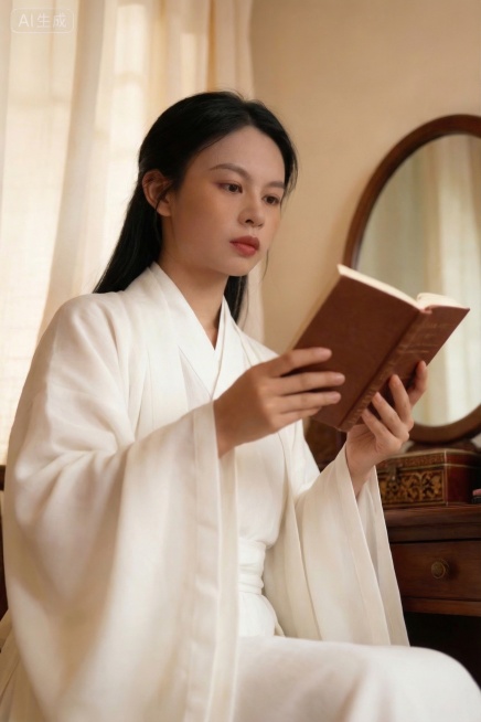 生成该人物的仰拍特写镜头，保持人物五官不变，保留白色古风服饰，背景和原图风格一致预览效果