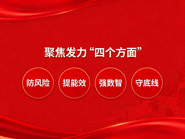 标题：聚焦发力“四个方面”
四个圆形：防风险、提能效、强数智、守底线
主题色：红色
