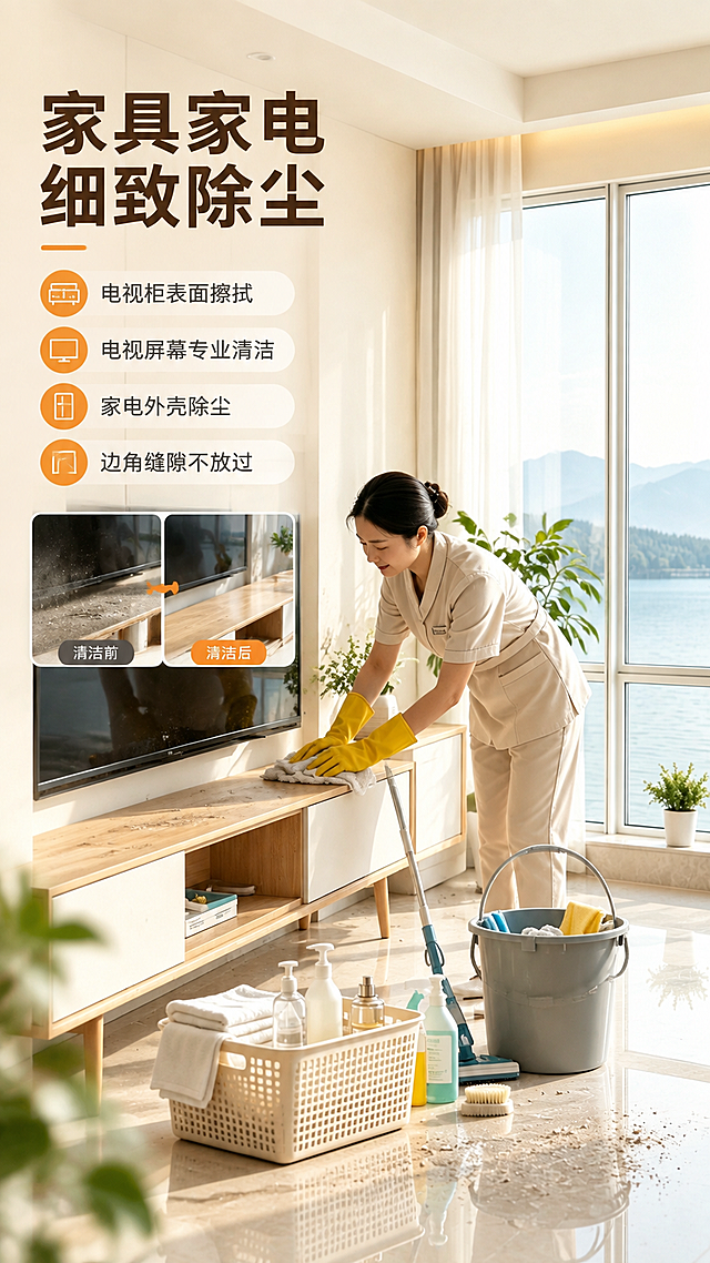 [商品] 全屋深度清洁上门服务；使用【图6】中电视柜区域清洁场景，保留保洁人员形象（米色工作服、黄手套）、电视柜、电视、落地窗湖景的空间结构与色调。
[画面] 目标：家具家电表面清洁详情页，展示电视柜、家电表面的除尘擦拭细节服务。构图：竖版9:16，保洁人员弯腰擦拭电视柜台面为主体场景，位于画面中部。左侧为文字卖点区，突出清洁前后的灰尘对比效果。主体占画面60%，保洁人员动作细致专业。前景：清洁工具桶、清洁篮、地面灰尘；中景：保洁人员、电视柜、电视；后景：落地窗湖景。
[视觉] 套系策略：风格=温馨专业的家居服务商业摄影风；标题字=粗黑体，稳重有力；正文字=常规黑体，清晰易读；主色=暖米杏色；背景延展=基于暖米杏做深浅层级、同色渐变和细腻墙面/地面质感；强调色=暖橙色，仅用于小面积图标、引线、标签和重点文字高亮；标题色=深棕灰；正文色=中暖灰；组件=圆角浅底信息卡、细线引线、简约图标；光影=右侧暖自然光，柔和明亮，突出清洁前后对比。
[文字] 左上主标题：家具家电 细致除尘；下方配4个卖点：① 电视柜表面擦拭 ② 电视屏幕专业清洁 ③ 家电外壳除尘 ④ 边角缝隙不放过。文字区位于画面左侧，不遮挡保洁人员主体动作。所有文字横排。
[规格] 图片比例9:16竖版，4K分辨率，京东平台适配，避免变形、错字、文字过小、人物不自然、场景失真。