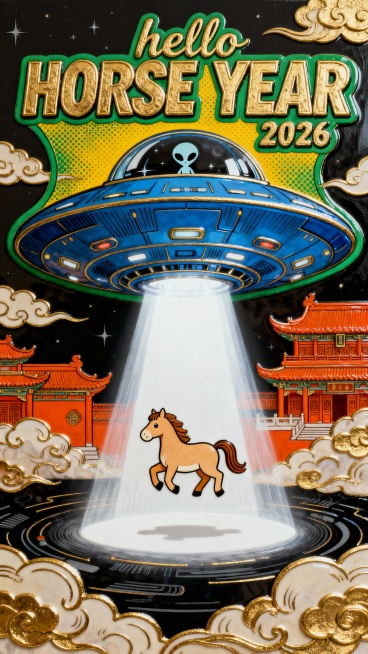 顶部巨大英文单词 “hello HORSE YEAR 2026”，字体为复古漫画风格（笔画填充黄底并带有细密绿色网点纹理，边缘包裹粗重的绿色描边，笔画饱满且边角呈卡通化圆润形态，变形包裹着UFO），画预览效果