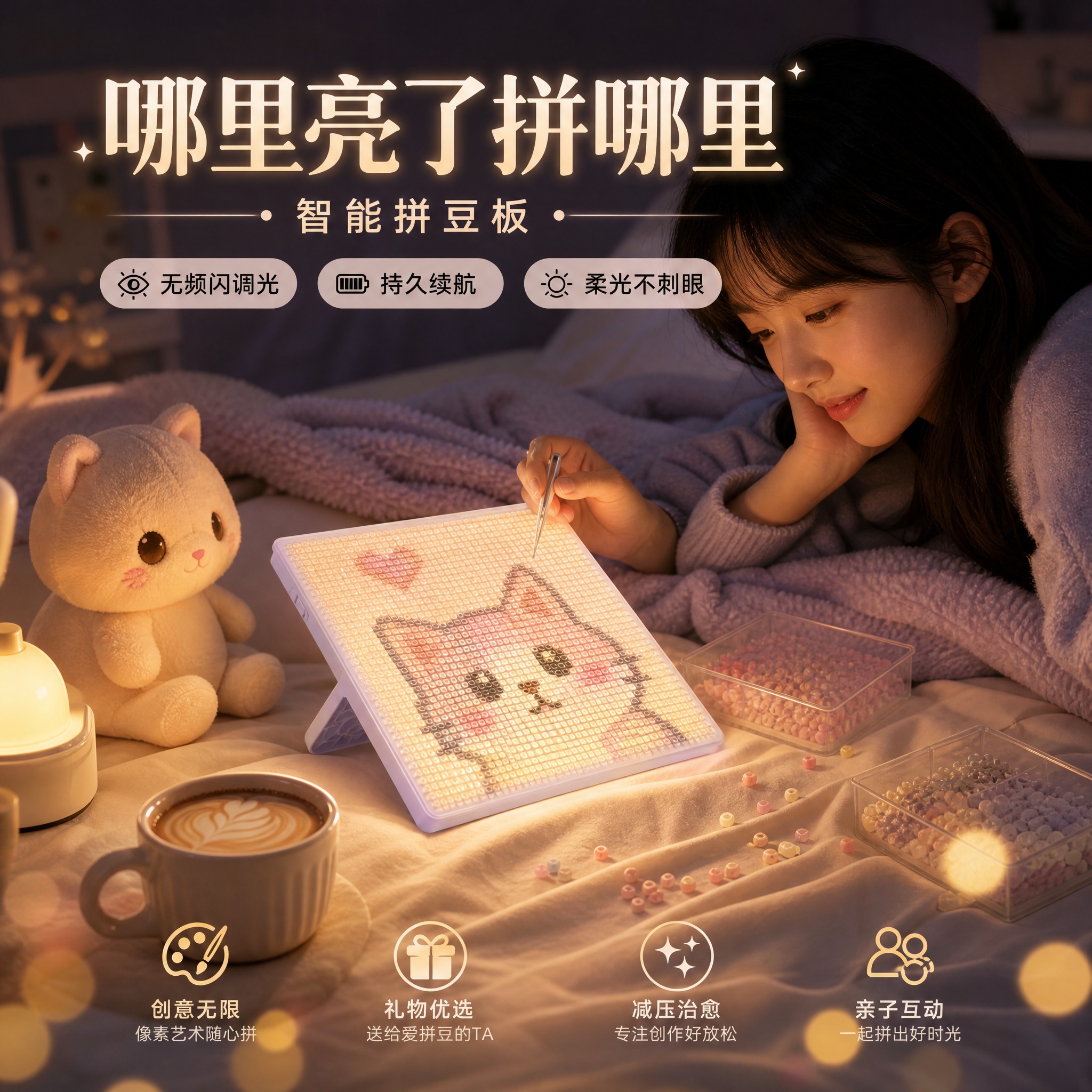 智能拼豆板产品营销海报，1:1正方形构图，写实商业摄影风格，温… - 图片创意预览