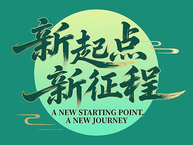 中国风国潮字体设计，手写书法笔刷风格，墨绿色粗笔画毛笔字，字形舒展洒脱，带自然笔锋与飞白效果，搭配嫩绿色圆形装饰元素，背景简洁纯色，营造活力新起点氛围，文字内容“新起点 新征程” ，英文“A NEW STARTING POINT, A NEW JOURNEY” ，整体风格潮流且具传统文化底蕴