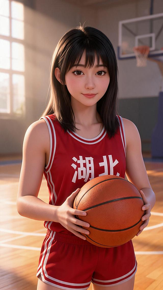 3D动漫风少女身穿“湖北”球衣，手持篮球，光影柔和，氛围温馨，重拟物细节呈现虚拟现实质感。