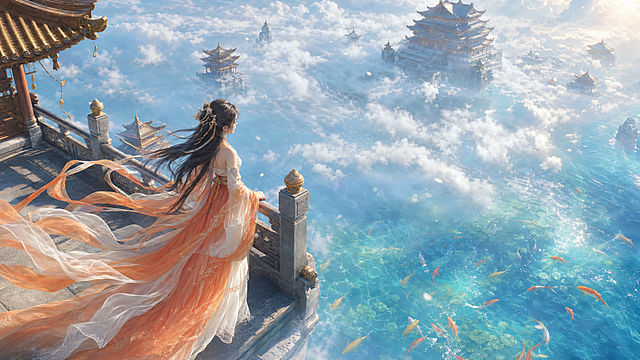横屏16:9高角度俯瞰画面，云海天宫观景台，古装橙白渐变长裙女子凭栏远眺，衣袂随风大幅飘扬。背景是云海翻涌仙阁隐现，下方蔚蓝海面有成群锦鲤游动，动态光影，流云缓缓飘动。UE5电影级质感，恢弘仙气氛围，8K超清，国风仙侠风格，无畸形结构，无西方元素，画面干净通透。