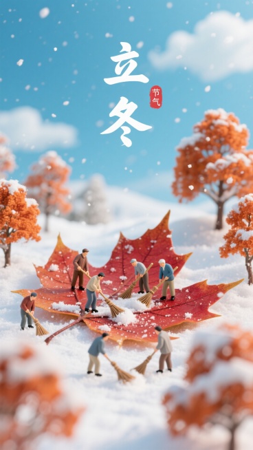 以冬日雪景为背景，巨型红枫叶上有多位小人手持扫帚扫雪，周围点缀积雪的橙红树木，天空飘雪、蓝天点缀白云，风格清新治愈。画面上有创意字体“立冬”二字，旁边有写着“节气”的红色小印章。预览效果