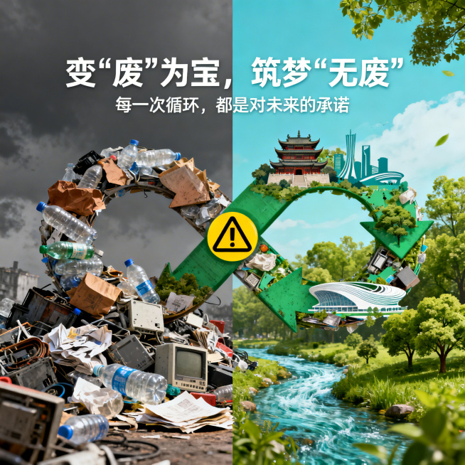 画面以1:1比例呈现，左半部分是灰暗色调，堆积如山的塑料瓶、废纸、电子垃圾，体现“废”的现状；右半部分是明亮清新的色调，同样的垃圾通过循环箭头变形为宁波天一阁、杭州亚运会场馆剪影、绿树和清流；一个巨大预览效果