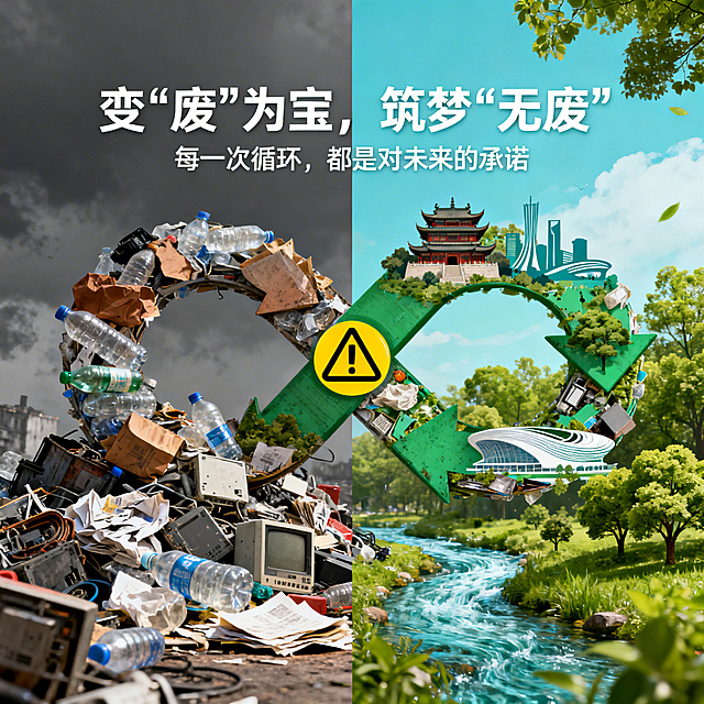 画面以1:1比例呈现，左半部分是灰暗色调，堆积如山的塑料瓶、废纸、电子垃圾，体现“废”的现状；右半部分是明亮清新的色调，同样的垃圾通过循环箭头变形为宁波天一阁、杭州亚运会场馆剪影、绿树和清流；一个巨大的无限循环符号贯穿画面，作为连接“废”与“无废”的桥梁。主标题“变‘废’为宝，筑梦‘无废’”，副标题“每一次循环，都是对未来的承诺”。左侧使用深灰、褐色配色，右侧使用青绿、天蓝色配色，中间循环箭头使用警示黄。