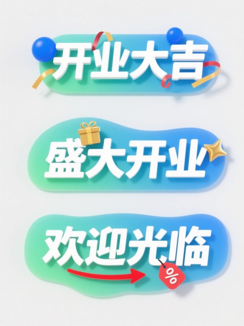 一组三个不同造型的新店开业宣传素材集合，每个素材均采用蓝绿色渐变半透明不规则气泡背景，白色立体粗壮无衬线字体，整体风格保持明亮现代的设计感，规整排列在纯白色背景上。第一个素材是“开业大吉”文字与蓝色气泡和彩带元素组合，第二个素材是“盛大开业”文字搭配金色星星和礼盒图案，第三个素材是“欢迎光临”文字结合红色箭头和折扣标签设计，所有元素均保持统一的渐变色彩和光影效果，确保视觉风格高度一致。预览效果