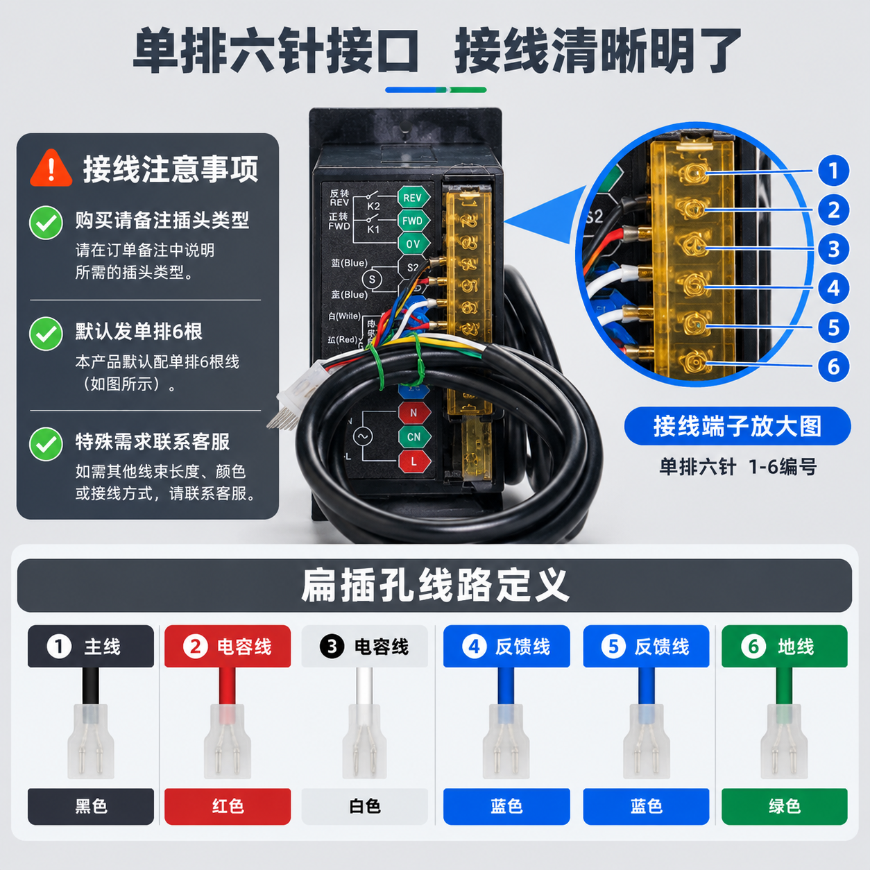 [主图-3] 接线接口与线路说明图，展示单排六针接口和接线定义… - 图片创意预览