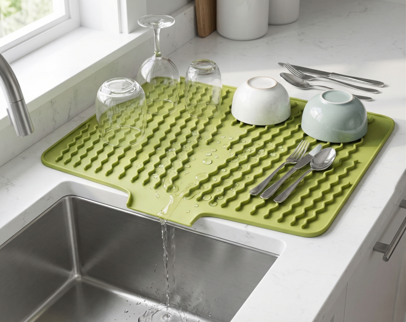 现代美式厨房场景，一块绿色硅胶沥水垫平铺在厨房水槽旁边，沥水垫底部开口紧贴并朝向水槽边缘，水槽为不锈钢材质，旁边放有洗好的杯子、碗和餐具，垫子表面的水珠自然顺着波浪导流纹流向开口并回流入水槽，画面明亮预览效果