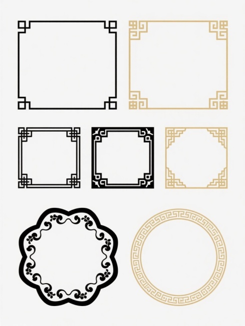 一组不同配色与样式的中式边框设计集合，白色背景，包含多种几何形状的边框：上方为两个水平长条形边框，左侧为黑色细线勾勒，四角有简约方形纹饰，右侧为金色细线条，四角带有回纹装饰；中间部分是两行各三个方形边框，上行三个为黑色线条，边框四角装饰有传统中式纹样，纹样复杂度略有不同，下行三个为金色线条，同样在四角有精致的回纹和几何图案；底部则是两个特殊形状边框，左侧为黑色线条勾勒的八边形如意纹边框，边缘有……预览效果