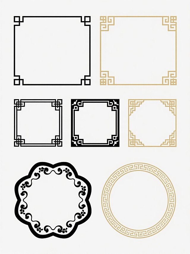 一组不同配色与样式的中式边框设计集合，白色背景，包含多种几何形状的边框：上方为两个水平长条形边框，左侧为黑色细线勾勒，四角有简约方形纹饰，右侧为金色细线条，四角带有回纹装饰；中间部分是两行各三个方形边框，上行三个为黑色线条，边框四角装饰有传统中式纹样，纹样复杂度略有不同，下行三个为金色线条，同样在四角有精致的回纹和几何图案；底部则是两个特殊形状边框，左侧为黑色线条勾勒的八边形如意纹边框，边缘有连续的波浪形和对称花卉图案，右侧为金色圆形边框，边缘环绕着细密的连续回纹和点状装饰，所有边框线条均匀流畅，图案对称工整，具有浓厚的中国传统装饰风格，整体设计简洁大方，适合作为各类设计作品的装饰性框架使用。
