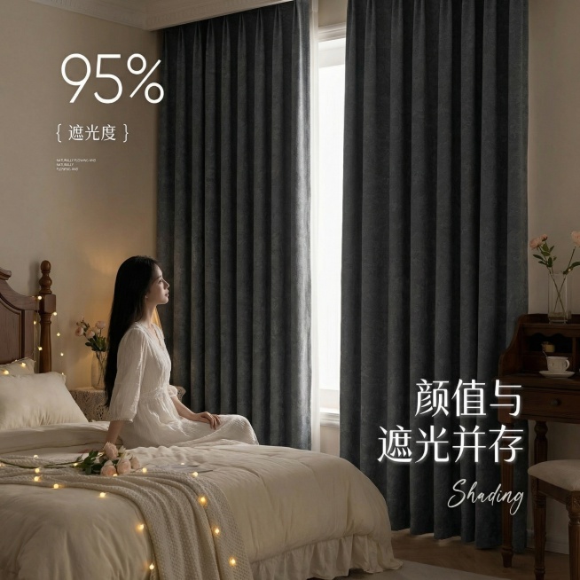 不改变窗帘的面料材质，切换不同的家装场景（最好是少女风奶油风），要求是在昏暗的室内，展示窗帘的遮光效果很好，改变角度，保留文字，一次生成4张；（遮光度）预览效果