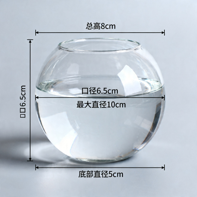 产品尺寸标注图，高硼硅玻璃球形鱼缸，标注尺寸：总高8cm，口径6.5cm，最大直径10cm，底部直径5cm，浅灰色背景，真实质感，产品摄影风格，清晰标注黑色尺寸线和文字预览效果