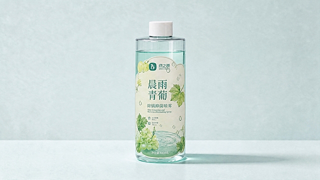 将瓶身的标签替换为第二张图中的晨雨青葡水彩风格标签，保持瓶子的透明质感、液体颜色、光影和背景不变，标签自然贴合瓶身弧度，真实自然，产品摄影风格