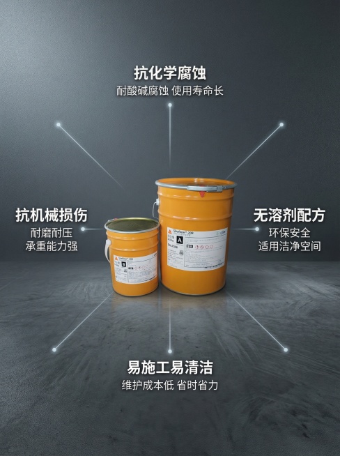 [垫图]输入图片[主图主题]双组份环氧平涂面层Sikafloor®-208核心卖点图[氛围/风格]专业工业风，硬核冷调科技感[画面元素]产品桶放置在画面中心，以产品为中心延伸出四根纤细的浅灰色科技引线预览效果