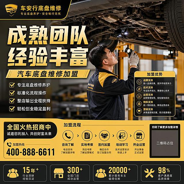 汽车底盘维修加盟海报，展示专业维修师傅检测底盘场景，搭配文字："成熟团队 经验丰富"，暖黄商业风格，写实摄影，九宫格单图，排版精美，画面中所有信息区域必须填充完整合理的内容，不得出现空白框、空白占位；画面中所有二维码区域使用纯色方块占位符呈现，方块中央标注"二维码占位"文字，严禁生成任何可识别的二维码图案，所有数字必须精确渲染。