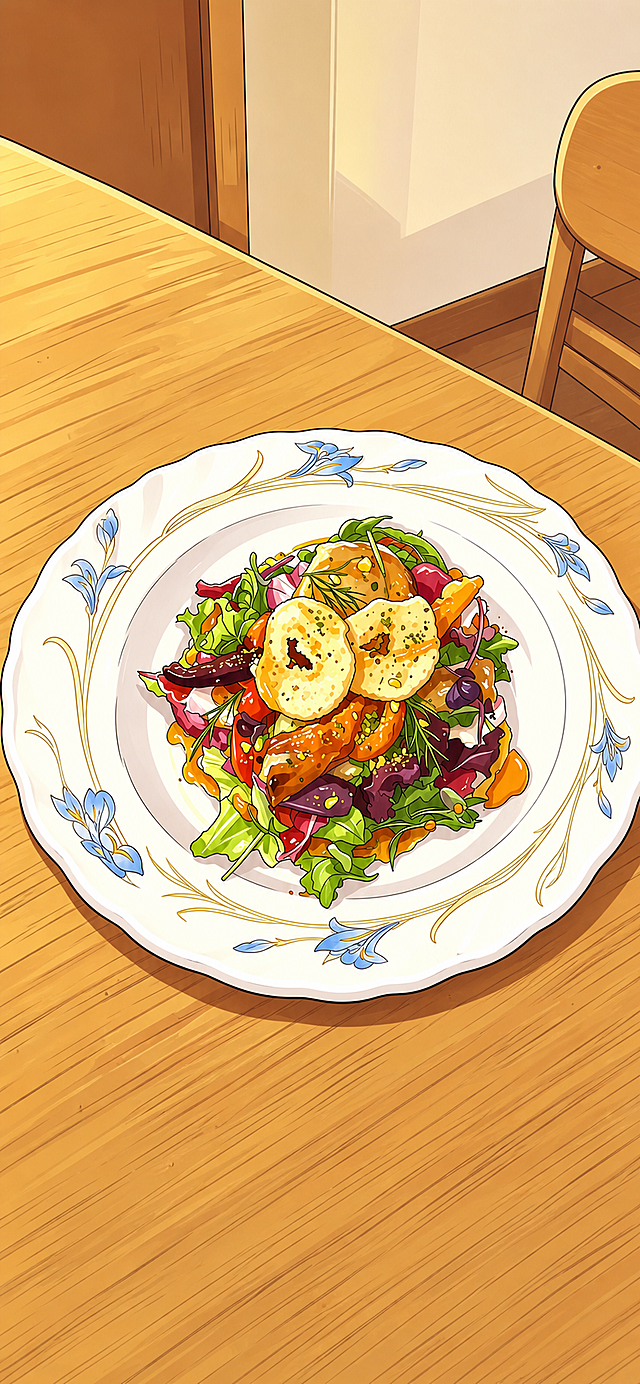 把盘子边缘变完整，保持原图美食插画和木桌背景风格，让整个带花纹盘子轮廓完整显示