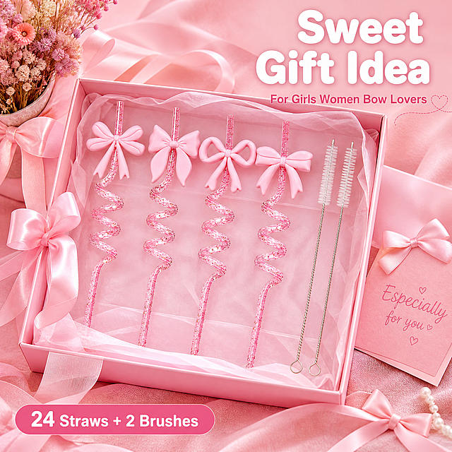 [主图-3] Pink Bow Glitter Curly Straws Set - Gift Idea
[统一基调] 甜美少女风 粉色系主视觉 浅粉渐变背景 白色主标题字 深粉辅助字色 圆润无衬线粗体字 卡片圆角柔边 整体明亮通透 跨境电商信息图风格
[画面] 精美礼物场景 粉色礼品盒打开 里面整齐摆放着4款粉色蝴蝶结闪粉螺旋吸管和2支清洁刷 用粉色丝带和薄纱纸包装 旁边有粉色贺卡 蝴蝶结装饰 干花 礼物盒放在浅粉色丝绒布上 产品外观颜色结构与输入图完全一致 营造精致礼物感 产品占画面主体约60%
[光影质感] 柔和顶光 礼物盒内有自然光影 产品通透有光泽 闪粉清晰 丝绒布有柔和质感 整体高级精致
[配色] 主背景浅粉色 礼物盒粉色 产品粉色+金色闪粉 标题白色粗体 辅助文字深粉色
[文字版式] 右上角大标题 "Sweet Gift Idea" 白色粗体大字 下方小字 "For Girls Women Bow Lovers" 深粉色 左下角标签 "24 Straws + 2 Brushes" 白色字配深粉圆角底 文字不遮挡产品
[输出要求] 1:1比例 2048x2048 产品清晰 礼物包装精致 文字清晰可读 无变形 无错字 无水印 无平台Logo