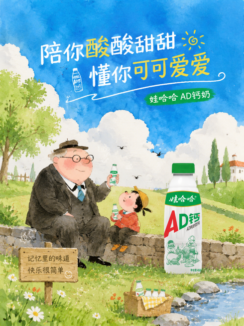 娃哈哈AD钙奶创意海报，主题文字"陪你酸酸甜甜 懂你可可爱爱"，参考图一的水彩儿童插画画风，充满童年回忆氛围感，小众新颖设计，抓人眼球，具有独特性和传播力，画面融入娃哈哈AD钙奶瓶，清新治愈，让人眼前预览效果