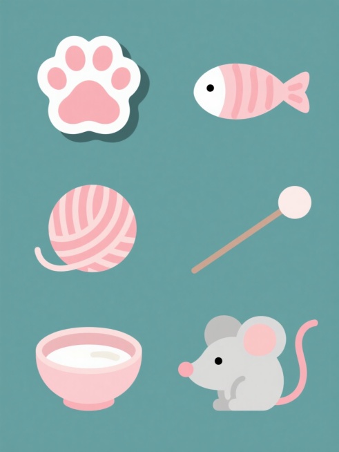 一组六个完全不同元素的系列素材集合，每个元素均采用与原图一致的扁平化2D设计风格，具有柔和的圆角边缘、光滑无纹理的填充、清晰界定的轮廓线，以及长度适中、角度固定的投影效果以营造轻微立体感。所有元素均置于纯色背景上，整体色彩进行了变换调整，从原图的粉白配色转变为新的和谐色彩方案。保持猫爪元素类目，六个元素分别为：1. 一只简化风格的猫爪印，具有圆润的肉垫和脚趾形状；2. 一条卡通风格的小鱼，身体……预览效果