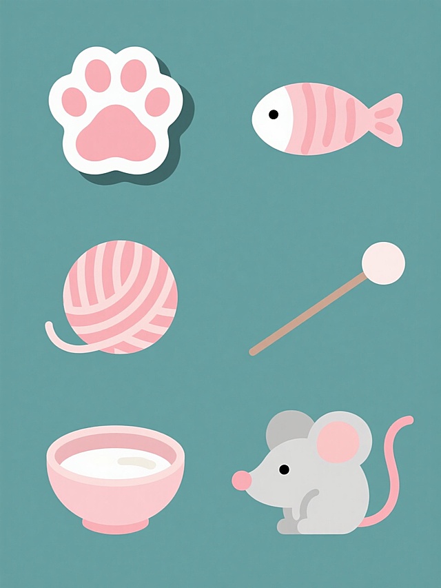 一组六个完全不同元素的系列素材集合，每个元素均采用与原图一致的扁平化2D设计风格，具有柔和的圆角边缘、光滑无纹理的填充、清晰界定的轮廓线，以及长度适中、角度固定的投影效果以营造轻微立体感。所有元素均置于纯色背景上，整体色彩进行了变换调整，从原图的粉白配色转变为新的和谐色彩方案。保持猫爪元素类目，六个元素分别为：1. 一只简化风格的猫爪印，具有圆润的肉垫和脚趾形状；2. 一条卡通风格的小鱼，身体呈流线型，有简单的眼睛和尾巴细节；3. 一个毛线球，呈圆形，带有缠绕的线条表现毛线质感；4. 一只牛奶碗，碗口为圆形，内部可看到液体的简化表现；5. 一个逗猫棒，由一根细长的杆和顶端的简单形状组成；6. 一只卡通老鼠，具有圆润的头部和身体，简化的耳朵和尾巴。所有六个元素大小统一，整齐地规整排布，形成一个协调的系列设计。
