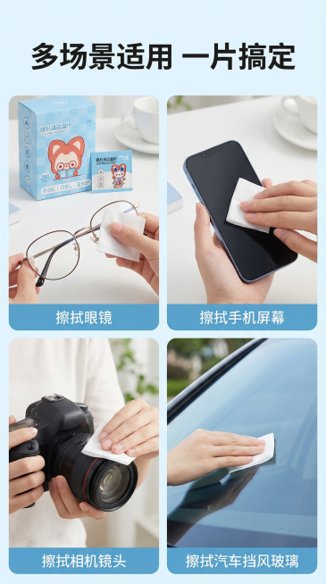 [主图4] 多场景适用展示，突出多功能性
[氛围/风格] 舒适简约，清新自然，生活化场景感
[画面元素] 四宫格布局展示湿巾四种使用场景：1.擦拭眼镜 2.擦拭手机屏幕 3.擦拭相机镜头 4.擦拭汽车预览效果