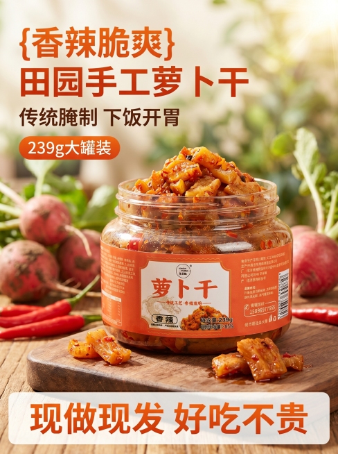 [主图 1] 香辣萝卜干产品首图。[氛围风格] 自然田园风，食欲感满满；[画质] 商业摄影质感、自然暖阳逆光、光线柔和通透、产品清晰真实、画面干净高级。[元素] 整罐香辣萝卜干放置在质朴木质案板上，罐预览效果