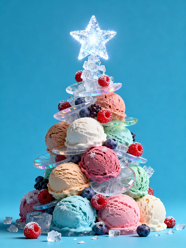 冰淇淋球、雪糕片、冰冻浆果、冰糖