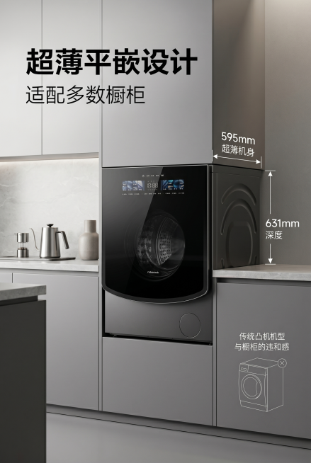 第5屏核心卖点嵌入，主文案"超薄平嵌设计"，副文案"适配多数橱柜"，主文案左对齐放大，粗黑字体；副文案在主文案下方，纤细字体，位于画面左侧。画面中心为洗烘一体机嵌入 60cm 标准橱柜的实拍，侧面标注预览效果