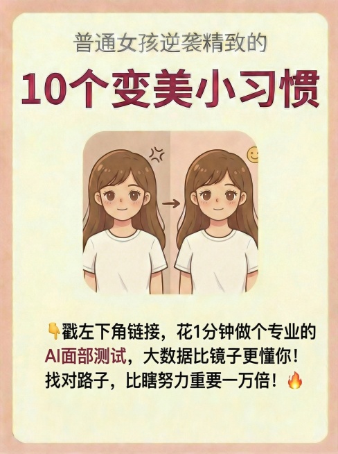 保留主标题“普通女孩逆袭精致的10个变美小习惯”，将下方内容替换为“👇戳左下角链接，花1分钟做个专业的 AI面部测试，大数据比镜子更懂你！找对路子，比瞎努力重要一万倍！🔥”，保持原有的卡通温馨风格预览效果