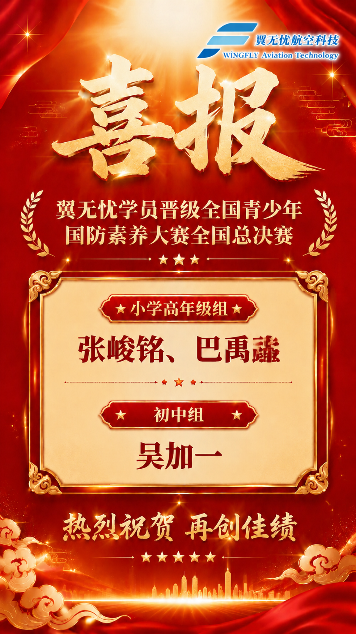 基于这张喜报海报进行修改：1. 将右上角的翼无忧航空科技log… - 图片创意预览