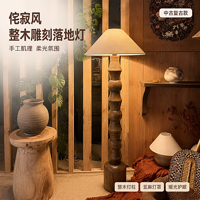 [主图-1] 侘寂风实木雕刻落地灯客厅场景首图。
[氛围风格] 侘寂中古风，温暖质朴的自然家居氛围，高级质感。
[画质] 商业摄影质感、光线柔和通透、产品清晰真实、画面干净高级。
[元素] 实木雕刻落地灯居中偏右，灯柱为深棕色整木雕刻节节造型，亚麻锥形灯罩呈米白色，灯具处于开灯状态，暖黄色柔光从灯罩边缘漫出，在墙面和地面形成柔和光斑。左侧为原木竖条格栅隔断，隔断旁垂挂龟背竹绿植；前景左下角摆放原木树桩边几，边几上放置粗陶花瓶；右侧背景为原木色护墙板，墙上挂圆形花卉装饰挂毯，下方有深色木质层板，层板上摆放粗陶陶罐和小装饰；地面铺米色编织地毯，地毯一角搭赤陶色褶皱布料，旁边放编织篮和小台灯。**保持落地灯外观（即物理结构、材质质感、颜色、雕刻造型、亚麻灯罩形状）与输入产品图绝对一致，杜绝任何变形和色差，精细化处理；场景图允许光影阴影随当前场景调整以融入环境，禁止产品边缘硬切、原图背景残留、悬浮感**。商品主体占比约65%；画面满屏无边框。
[光影] 主光源为落地灯自身暖光，从灯罩向下和向侧方漫射，在木格栅和墙面上形成柔和渐变光斑；辅助光为环境自然光，从画面左前方柔和射入，照亮木柱纹理和绿植叶片，整体色温偏暖，光比舒适，暗部有层次，无过曝。
[配色] 主色调深棕木色、米白亚麻色；辅色暖木黄、赤陶红、绿植深绿。
[视角构图] 平视微仰视角，落地灯为绝对视觉中心；前中后景分层清晰，景深中等，背景适度虚化突出主体，灯体完整不裁切。
[文字版式] 左上负空间左对齐留安全边距，主标题大字“侘寂风 整木雕刻落地灯”，深棕色粗体无衬线最大号；副标题“手工肌理 柔光氛围”，同色系小号约半高；右上角圆角小标签“中古复古款”，米白底深棕字。底部右侧轻量三小标签横向排列：“整木灯柱”“亚麻灯罩”“暖光护眼”，深棕字配极细描边圆角底。所有文案落在负空间，不遮挡灯体。
[输出要求] 1:1比例，文字清晰锐利，超高清商业摄影质感。
[负向提示词] 变形，文字错乱，产品图模糊，背景杂乱，水印，电商平台Logo，多余的手，畸形手，人物面部扭曲。