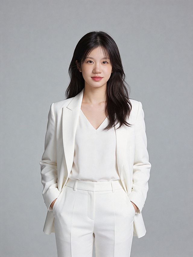 参考第一张图保留人物脸型､发型､年龄等特征生成职场形象照,参考第二张图人物占位和比例,采用标准焦段50mm,F/4光圈(处于F/2.8-F/4区间),平视视角(镜头与人物视线齐平);人物占画面70%,人物居中(居中构图),位于画面中心,为视觉聚焦点,入境范围头部及以下至臀部下方10cm(半身像);左右留少量背景空间;头部与画面顶部保留5%空间(头部发型完整呈现);原生肤质白皙细腻(通透自然),搭配韩式清透通勤妆(底妆轻薄整洁,浅淡暖调唇色提升气色,无浓重妆感);身着净白色西装外套(聚酯纤维材质)+同色系V领内搭+白色高腰西装裤(服装材质为聚酯纤维细腻挺括的西装面料,兼具柔和垂坠感与适度版型支撑力);发质柔顺,发丝光泽(呈微微自然蓬松);姿态优雅松弛:双手自然插入裤袋,身姿站立,肩部放松;唇角微微上扬(带浅淡笑意),眼神温和明亮并看向镜头,自带职场女性的专业与亲和感;画面整体简约高级,为专业棚拍人像写真,采用柔和自然布光,4800K中性光色温,面部光比精准控制1:1.3,面部光线均匀通透;主体锐利清晰,背景为极简纯中度灰色背景(光线呈现均匀柔和干净的质感),严格按照第一张图内容生成｡