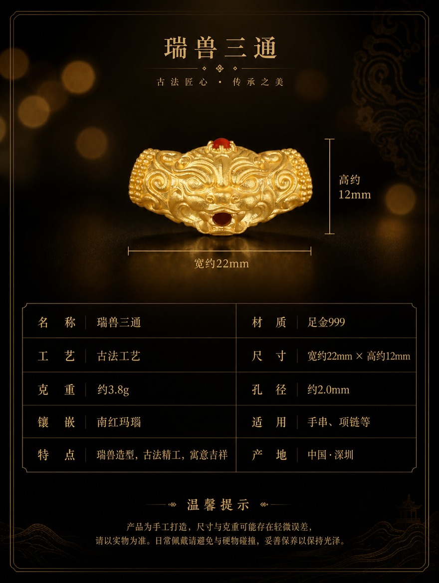 古法黄金瑞兽三通参数规格详情页，暗调黑金国风风格。画面上方是瑞… - 图片创意预览