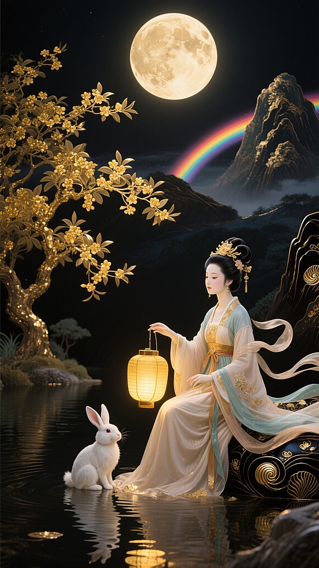中国传统风格，中秋节，嫦娥身着飘逸汉服与玉兔坐在湖边，手持金色灯笼，空中悬挂巨大满月，山峦上有彩虹光晕，发光的金色桂花树，夜晚背景，融合漆画与螺钿质感，黑金色调带有彩虹高光