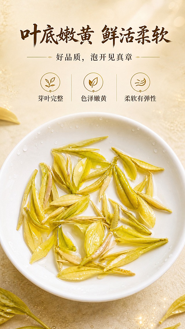[商品] 使用【图6】黄金芽泡开的叶底；保留叶底嫩黄色、芽叶完整、鲜活柔软的特征；叶底形态真实自然。
[画面] 目标：叶底展示页，通过泡开后的叶底品质佐证茶叶等级。构图：中心满版式，白色瓷碗中盛放泡开的黄金芽叶底，占画面中心65%，叶底嫩黄鲜活，芽叶完整，柔软有光泽。碗边有水珠点缀，增加新鲜感。背景为浅米色暖调，柔和顶光突出叶底的嫩黄色泽和鲜活质感。上方留白放标题。
[视觉] 套系策略：风格=东方雅致高端茶礼商业摄影；标题字=金色毛笔书法大字；正文字=宋体/衬线体；主色=暖金+深棕；背景延展=浅米色暖调背景，带细腻纹理，暖金色光晕点缀；强调色=帝王金，用于标题、图标、引线；标题色=深棕色；正文色=深棕色；组件=金色细线分割、中式图标；光影=顶侧暖柔光，突出叶底的嫩黄鲜活和质感，清晰明亮。
[文字] 顶部主标题："叶底嫩黄 鲜活柔软"，深棕色书法大字居中；副标题："好品质，泡开见真章"；下方三个品质点横排："芽叶完整""色泽嫩黄""柔软有弹性"。所有文字横排，不遮挡叶底主体。
[规格] 图片比例9:16竖版，4K，medium。避免变形、错字、文字过小、冷蓝调、叶底颜色改变、形态失真。