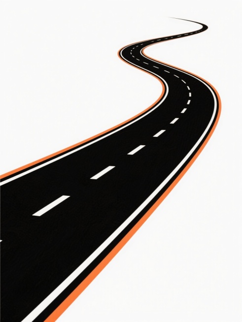 极简风格的道路插画，一条蜿蜒的黑色沥青公路，路面中央有白色虚线分隔，两侧有白色实线边界，路肩为橙色。道路从画面右下角向左上方延伸并逐渐弯曲消失于远处，线条流畅平滑，色彩鲜明对比，无任何车辆、行人或其他物体，背景为纯白色，整体干净简洁，符合现实道路结构逻辑，适合作为背景素材使用。预览效果