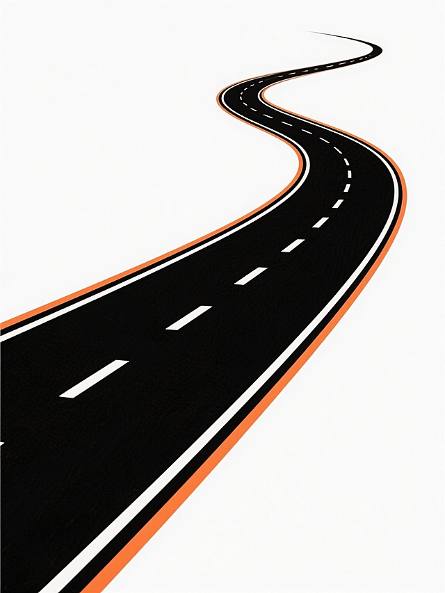 极简风格的道路插画，一条蜿蜒的黑色沥青公路，路面中央有白色虚线分隔，两侧有白色实线边界，路肩为橙色。道路从画面右下角向左上方延伸并逐渐弯曲消失于远处，线条流畅平滑，色彩鲜明对比，无任何车辆、行人或其他物体，背景为纯白色，整体干净简洁，符合现实道路结构逻辑，适合作为背景素材使用。