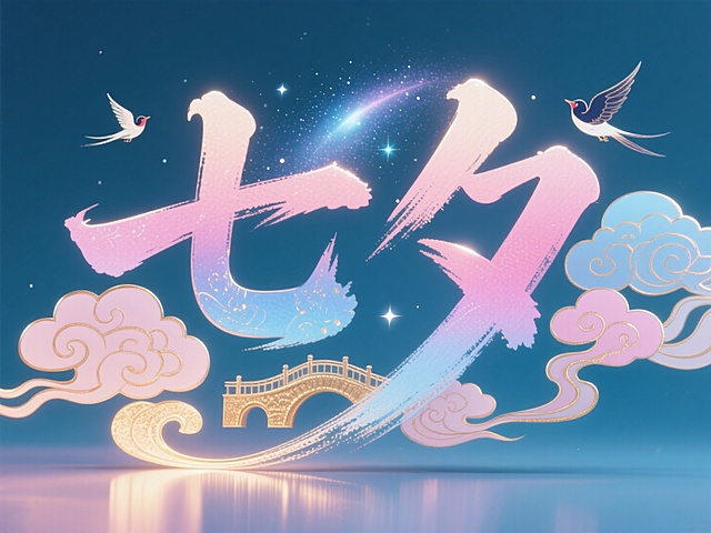 梦幻插画风，大字“七夕”闪耀星空，云桥燕飞，浪漫节日氛围。