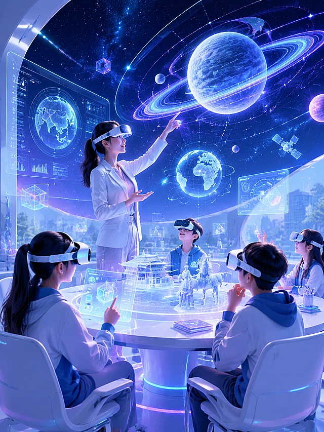 沉浸式智慧教学区竖幅插画，比例适配展板。元宇宙星空虚拟教室，教师佩戴轻量化MR混合现实头显，投射3D立体天体/历史场景全息模型，学生围坐圆桌佩戴护眼VR一体机上课，悬浮虚拟板书、透明教学UI面板，深空蓝（#0B0E1E）底色 + 电光青（#00F0FF）与霓虹紫（#B44CFF）渐变光效，点缀镭射银与全息白，微细发光网格线、全息UI线框、悬浮数据流，淡蓝光柔和环境，极简浅白桌椅，青春感学生数字分身，大面积留白，OC渲染，细腻光影，校园科技风，无多余文字