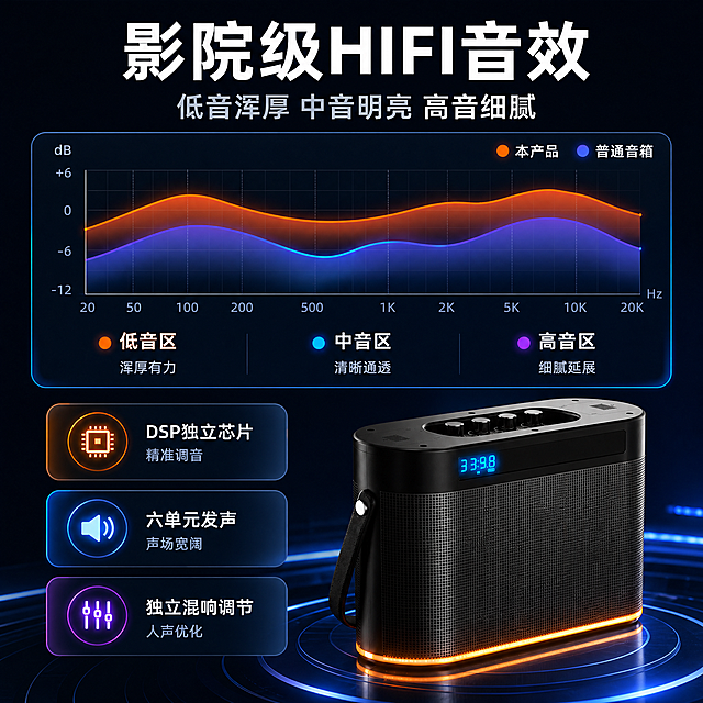 将这张HIFI音质实测对比图重新排版为1:1正方形尺寸，内容保持不变：保留频响曲线对比图、闻歌音响产品、"影院级HIFI音效"标题、低音浑厚/中音明亮/高音细腻说明、3个音质指标卡片（DSP独立芯片/六单元发声/独立混响调节）。调整为正方形构图：上半部分曲线图，下半部分产品+指标卡左右分布，深蓝黑科技风格一致。