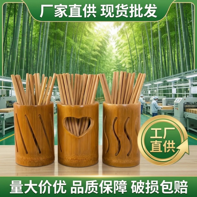 电商主图，绿色工厂背景，画面中部是竹筷筒产品，旁边标注工厂直供标识，顶部大字体卖点文案「厂家直供 现货批发」，底部辅助文案「量大价优 品质保障 破损包赔」，突出性价比和售后优势，无价格信息预览效果