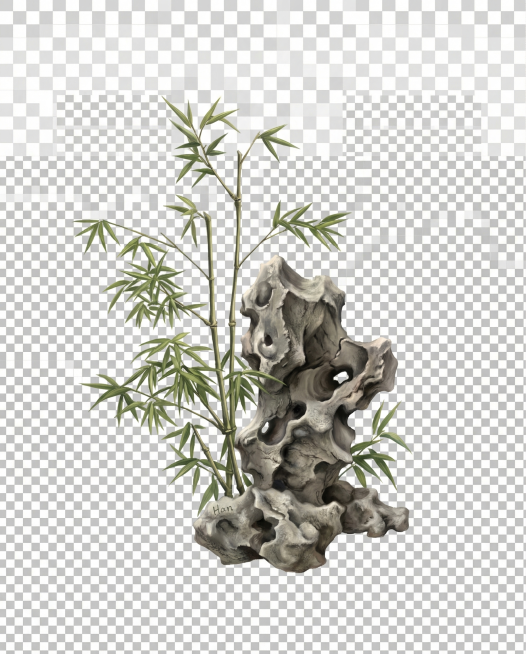 将太湖石改成更具立体感，让石头呈现立起来的效果，整体画面改为写实风格，保留竹子和石头的构图，透明背景预览效果