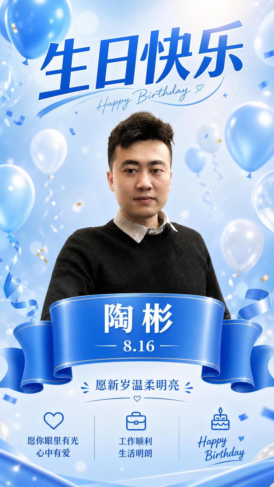 基于图中人物照片重新制作员工生日祝福海报，人物面部必须保持自然… - 图片创意预览