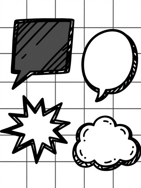 纯黑色线条手绘风格的对话气泡元素集合，保持手绘笔触的不规则感与自然粗细变化，包含4个完全不同造型的气泡：1. 棱角分明的方形气泡带尖角尾巴，2. 圆润椭圆形气泡带小弧形尾巴，3. 爆炸状星形气泡带放射状线条装饰，4. 云朵状不规则气泡带波浪边缘和小点装饰，所有气泡内部为纯白色，整体以规整的网格状排布在纯白色背景上，保持简洁的黑白对比和手绘涂鸦的艺术感。预览效果