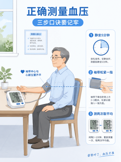 干净明亮的室内一角，一张桌子旁坐着一位中老年人，姿势端正：后背靠椅，双脚平放地面，不跷腿。他的一只手臂平放在桌面上，袖带绑在肘窝上方，袖带中心与心脏位置（胸口）有一条水平虚线对齐。旁边有一个步骤小图示预览效果