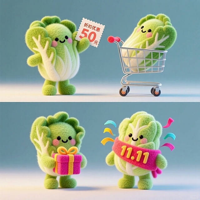 软3D风拟人白菜萌趣登场，毛发生长质感搭配卡通表情，手持优惠券与礼盒，购物车与11.11彩带烘托促销喜庆氛围。